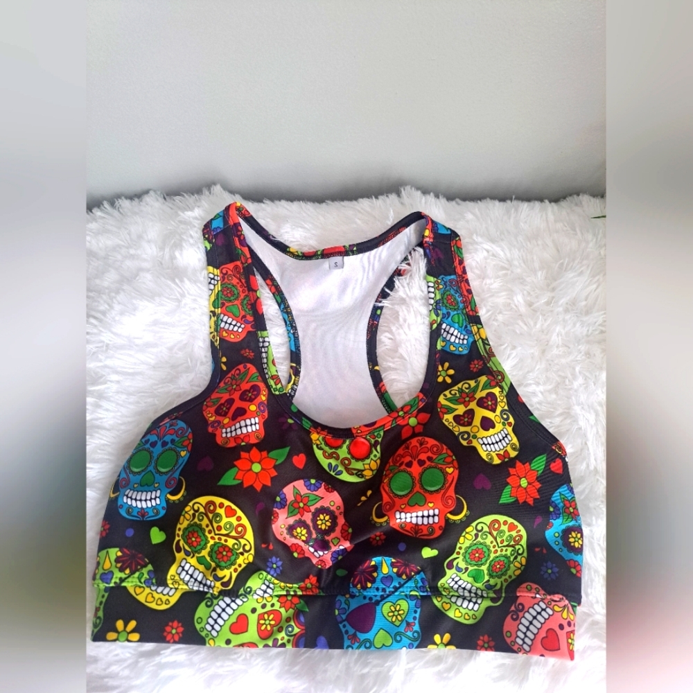 Sugar Skulls Print Razor Back Padded Sports Bra Size Small
